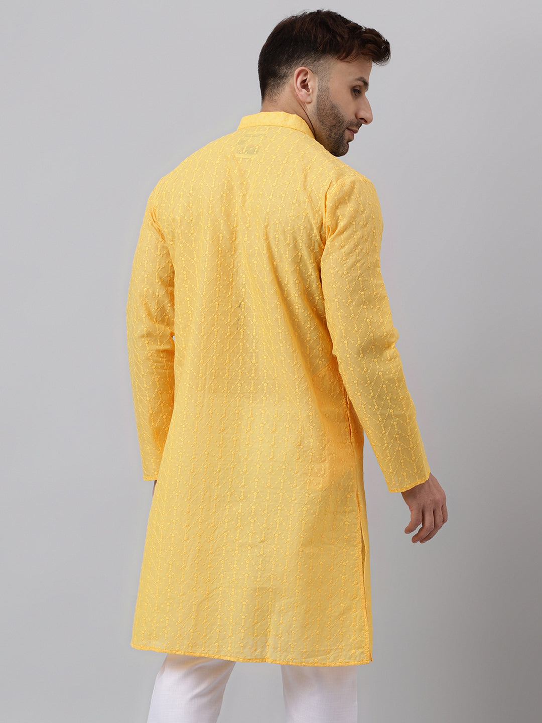 Hangup Men's Ethnic Embroidered Lemon Kurta