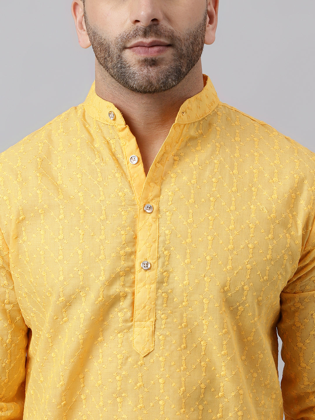 Hangup Men's Ethnic Embroidered Lemon Kurta