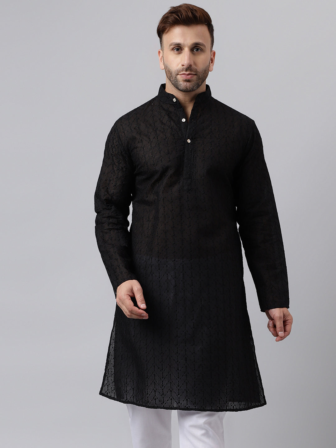 Hangup Men's Ethnic Embroidered Black Kurta