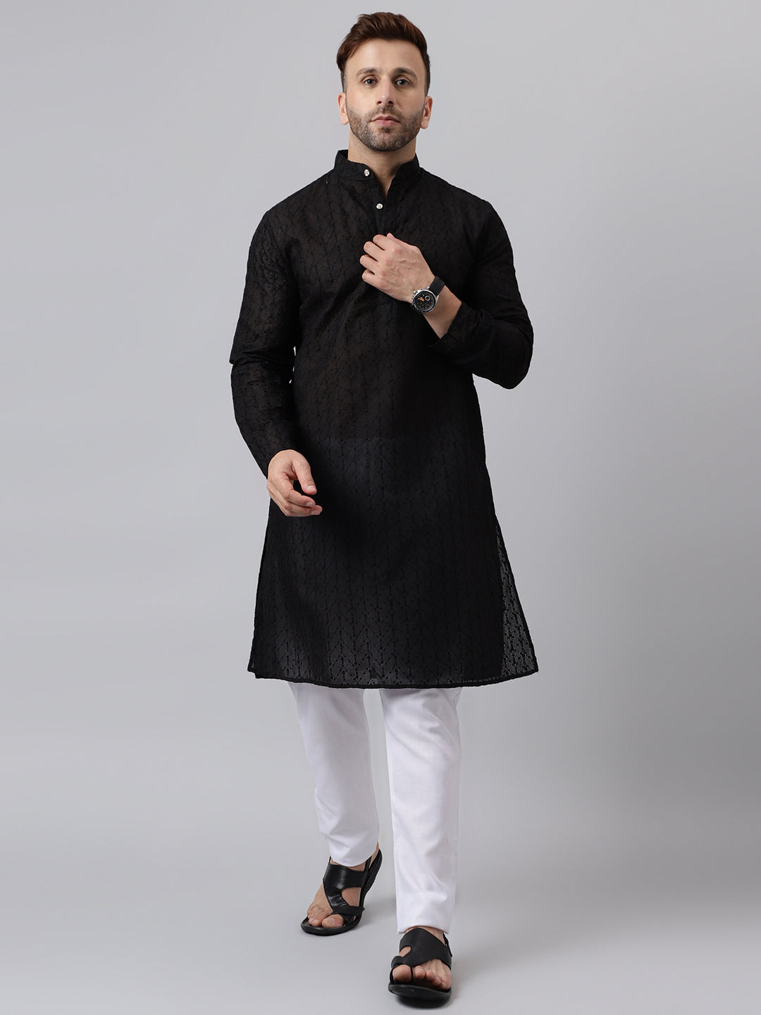 Hangup Men's Ethnic Embroidered Black Kurta