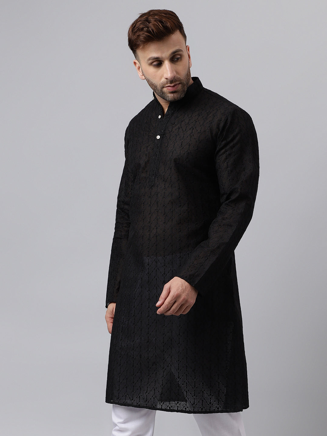 Hangup Men's Ethnic Embroidered Black Kurta