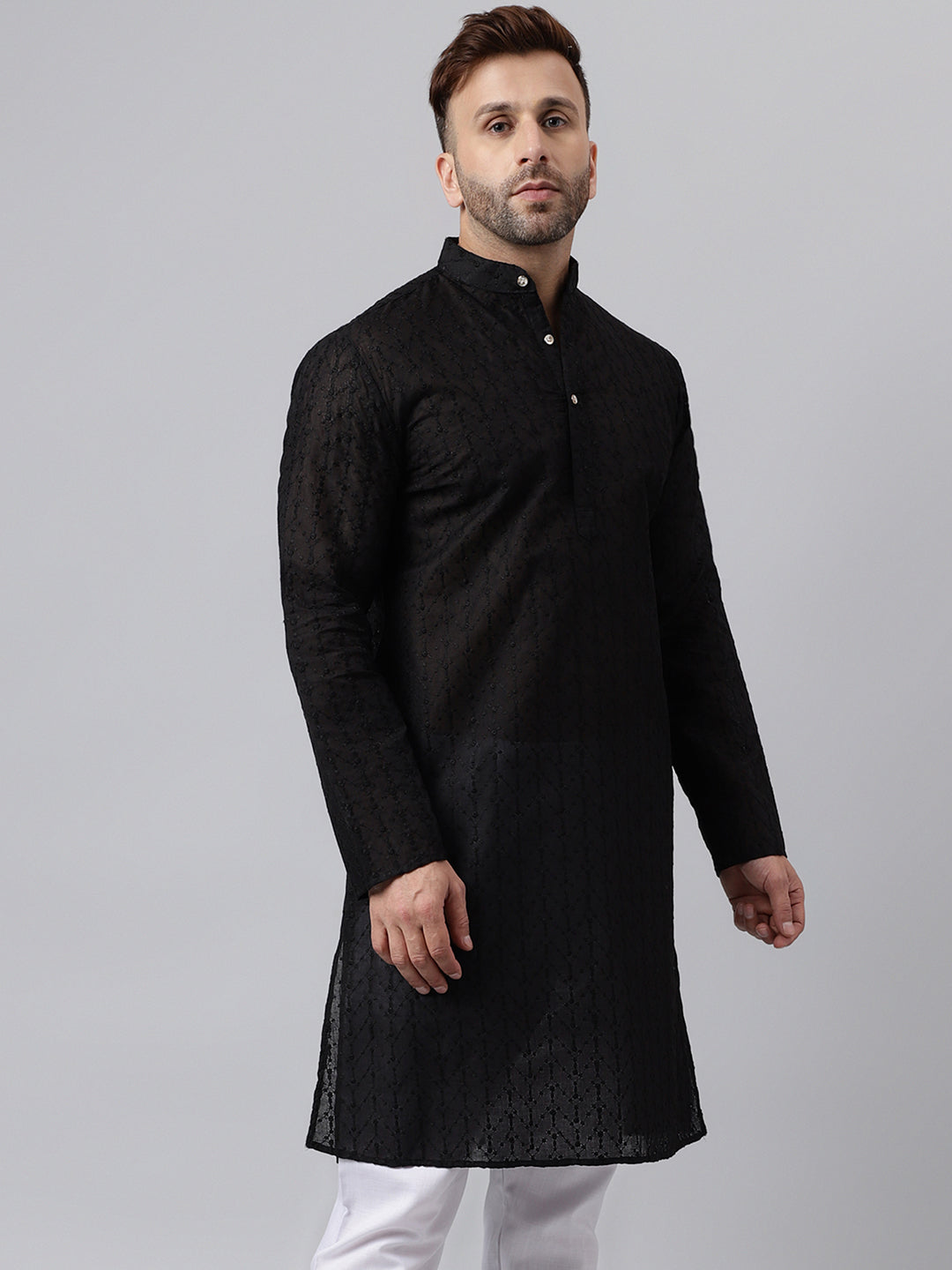 Hangup Men's Ethnic Embroidered Black Kurta