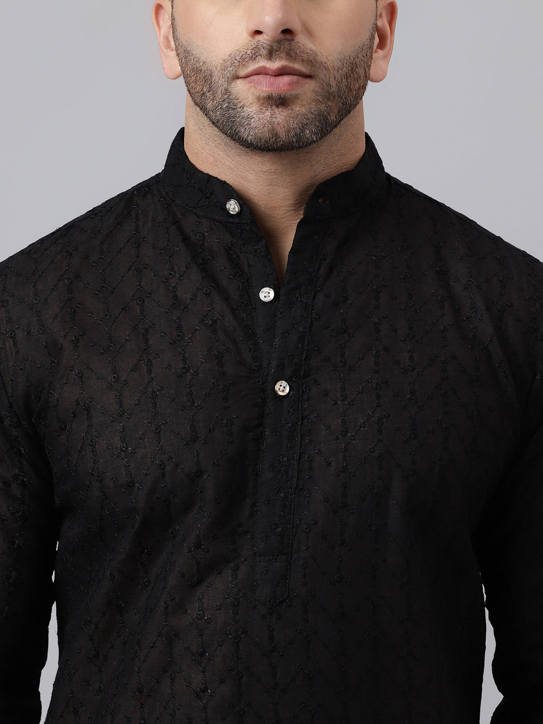 Hangup Men's Ethnic Embroidered Black Kurta