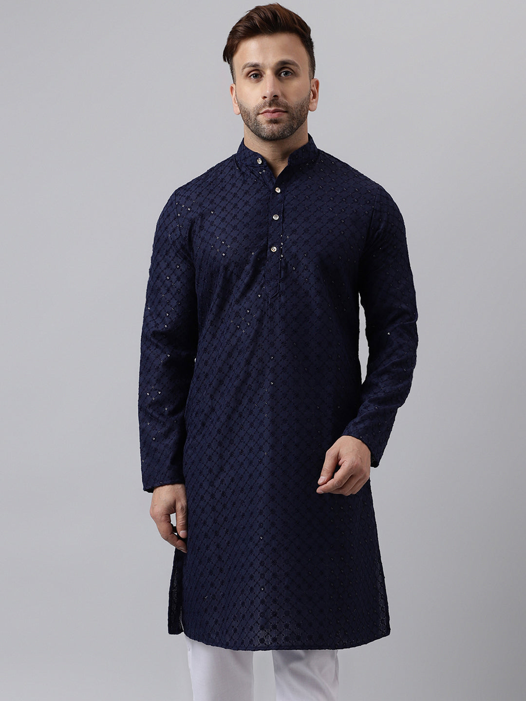 Hangup Men's Ethnic Embroidered Navy Kurta