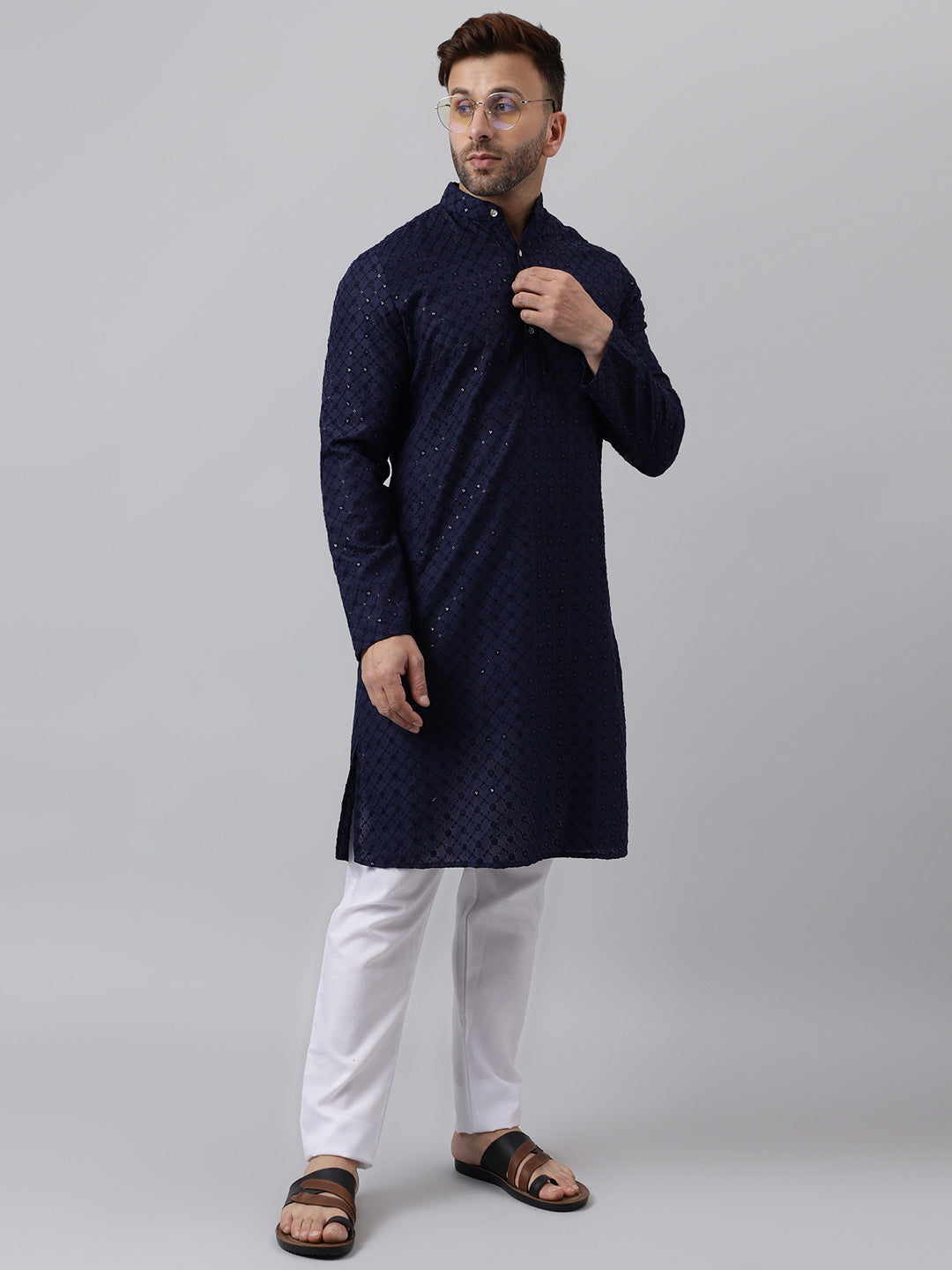 Hangup Men's Ethnic Embroidered Navy Kurta