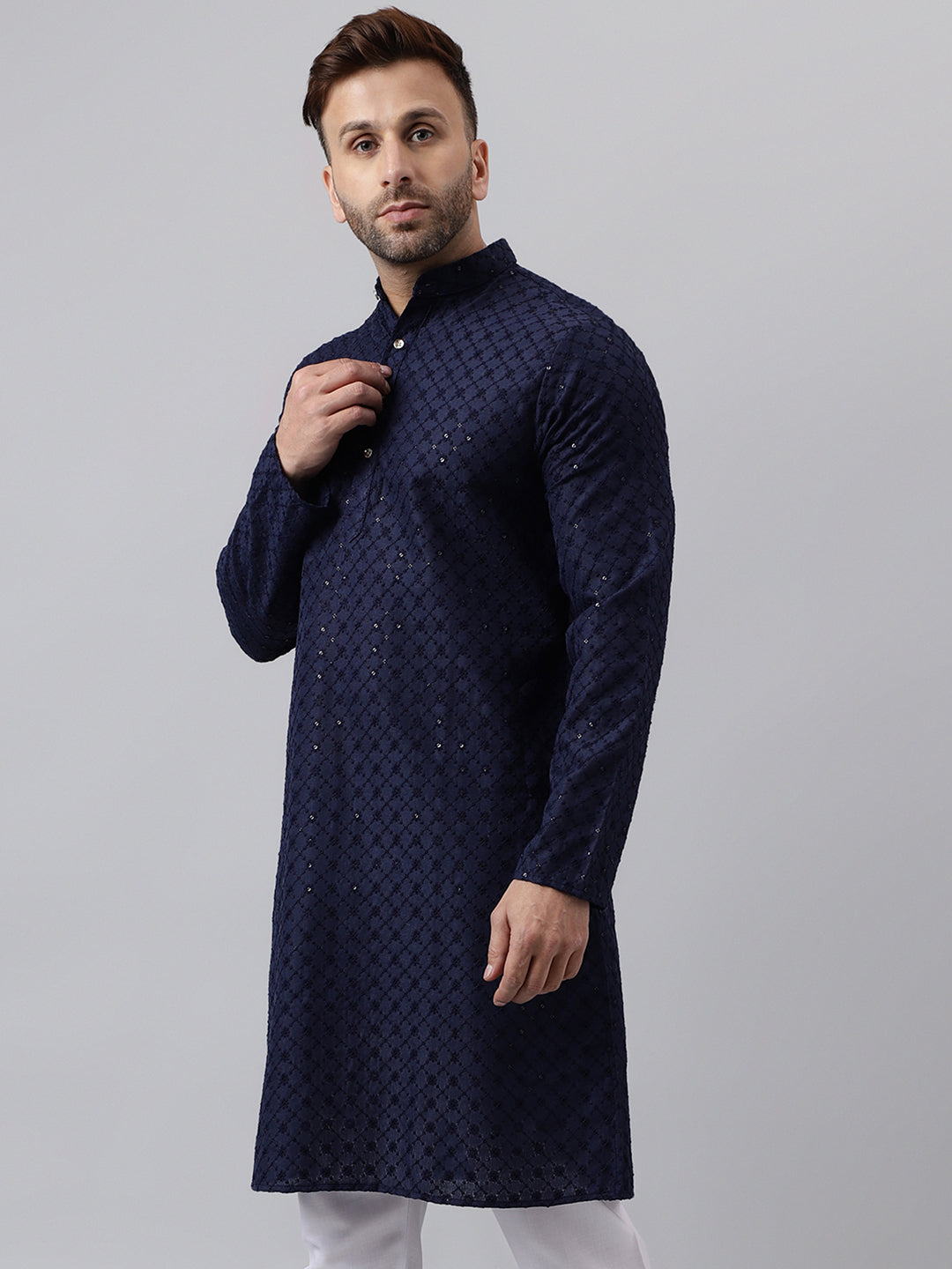 Hangup Men's Ethnic Embroidered Navy Kurta