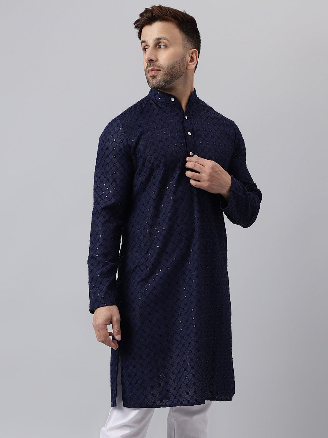 Hangup Men's Ethnic Embroidered Navy Kurta