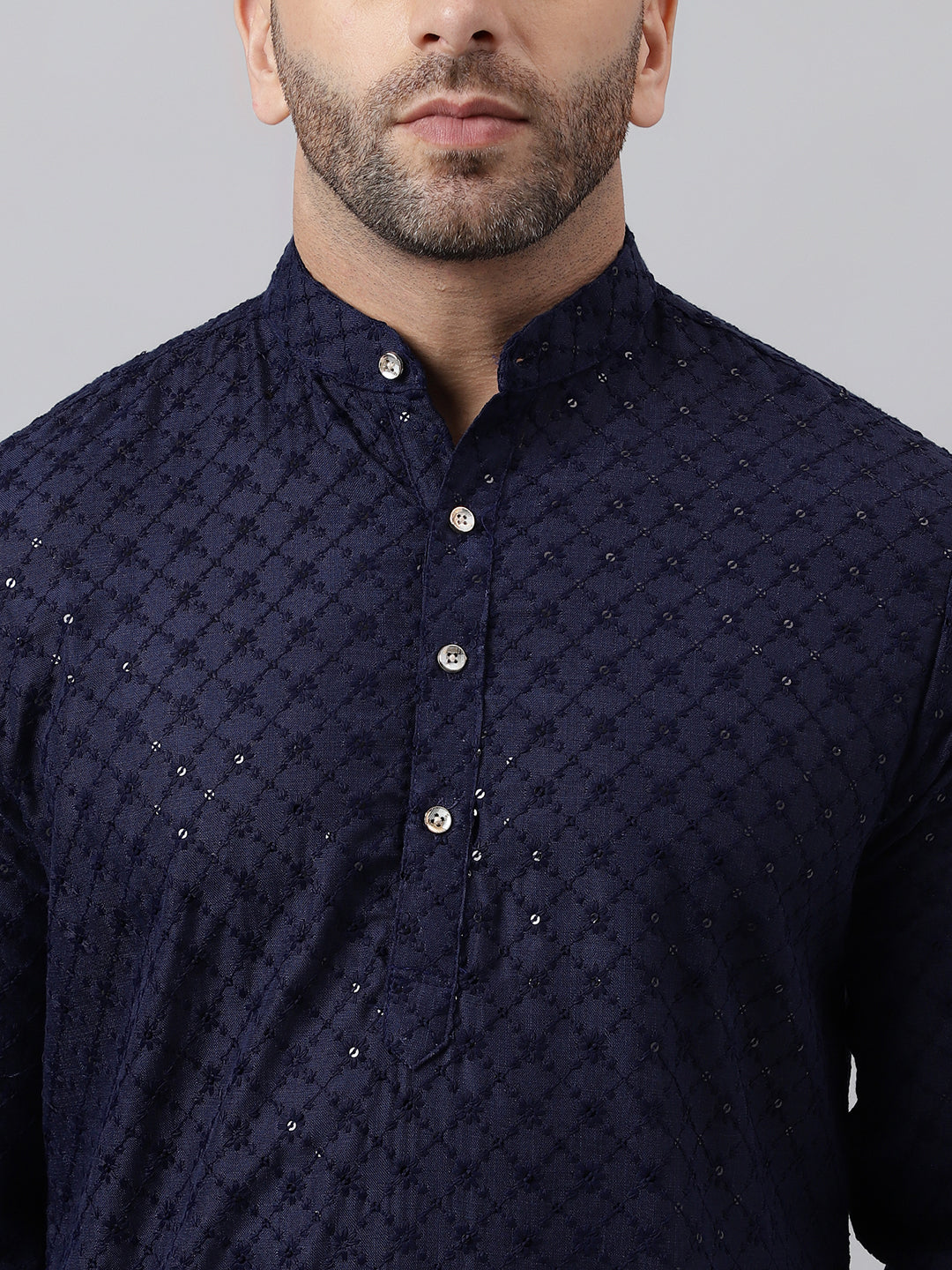 Hangup Men's Ethnic Embroidered Navy Kurta