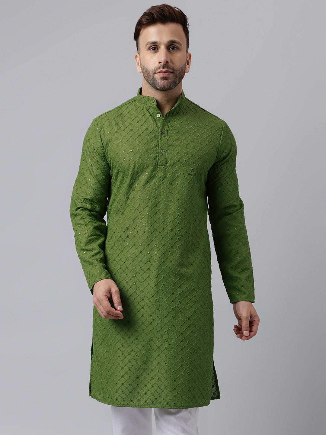 Hangup Men's Ethnic Embroidered Mehandi Green Kurta