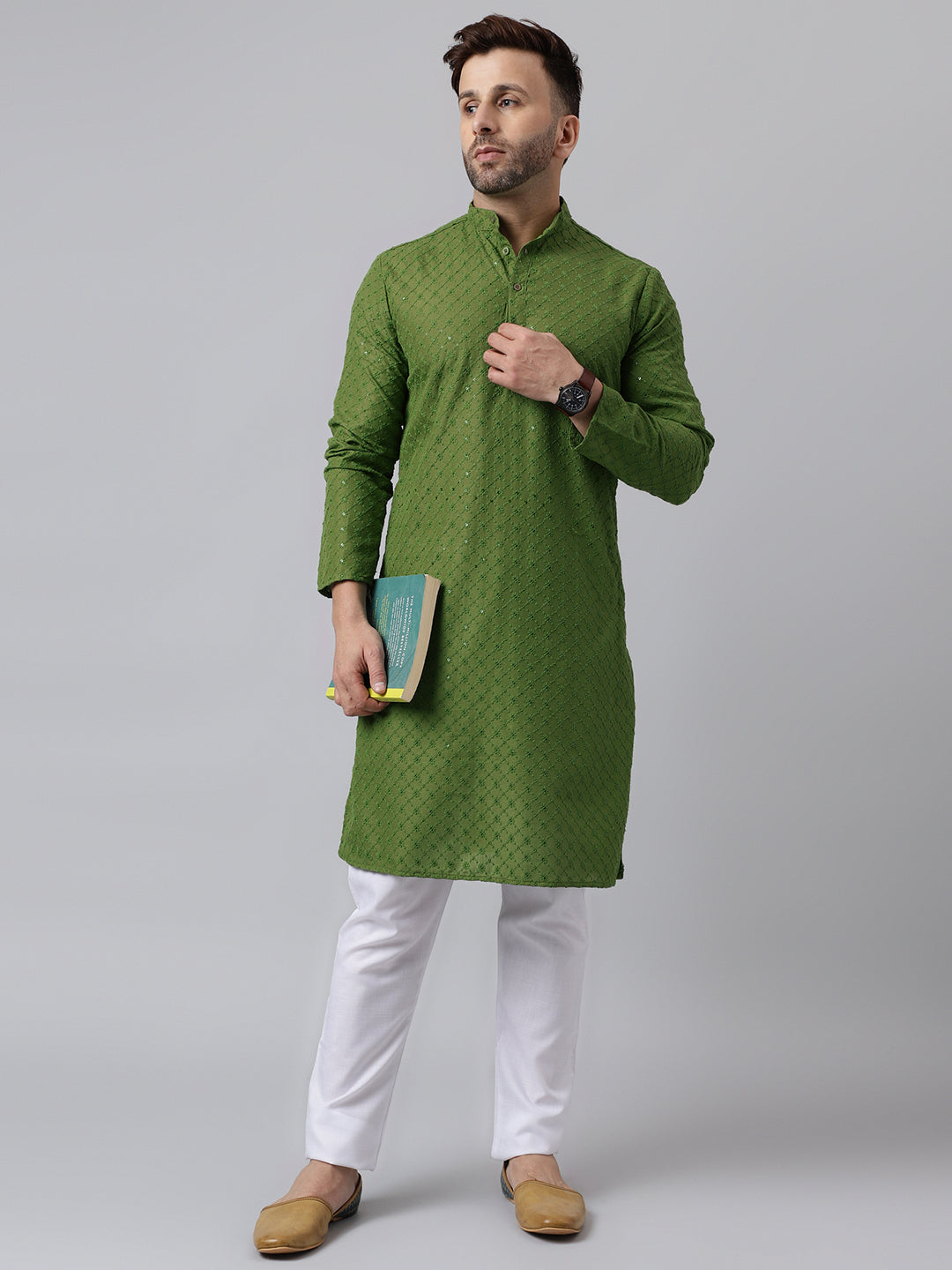 Hangup Men's Ethnic Embroidered Mehandi Green Kurta