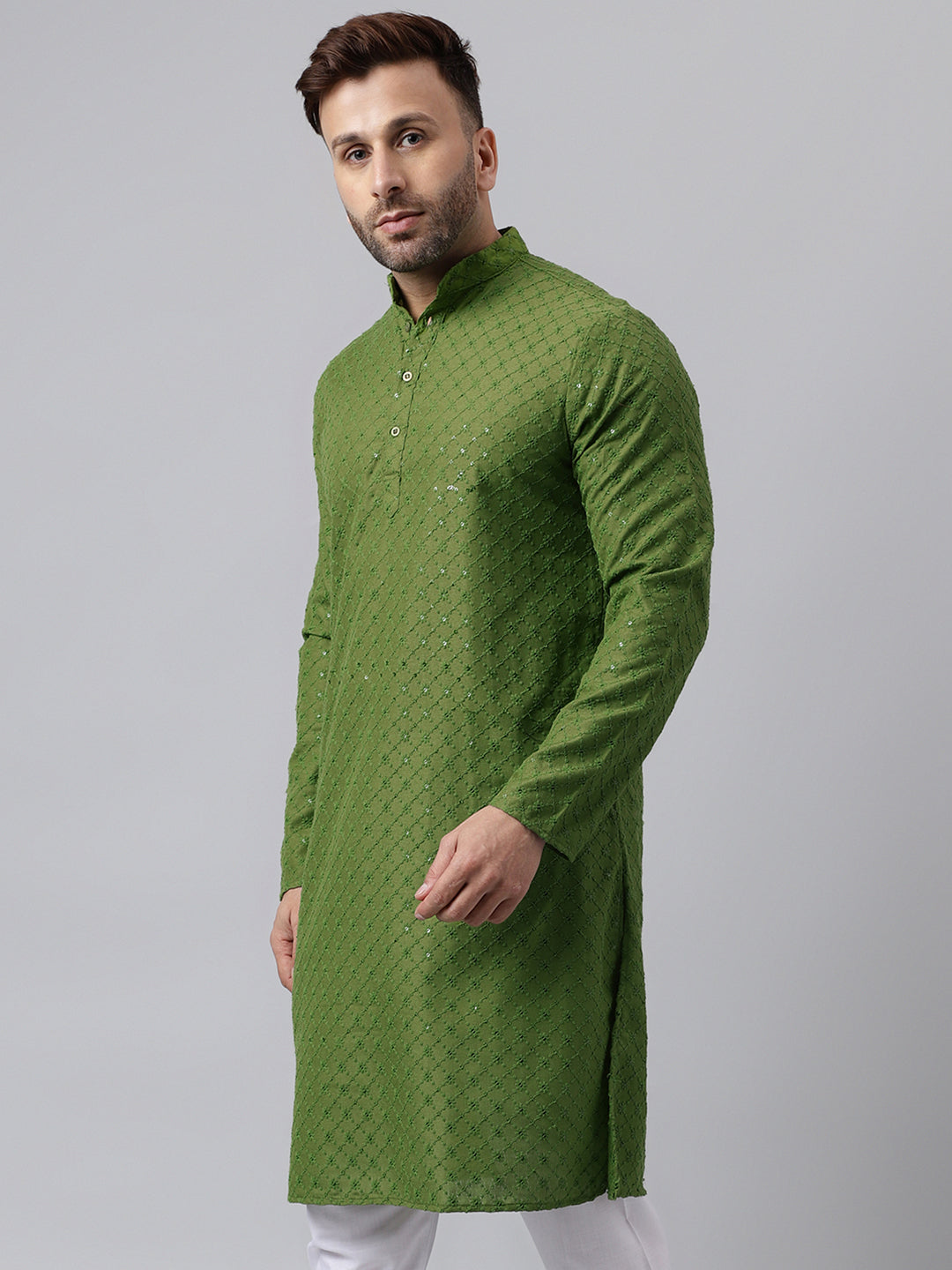 Hangup Men's Ethnic Embroidered Mehandi Green Kurta