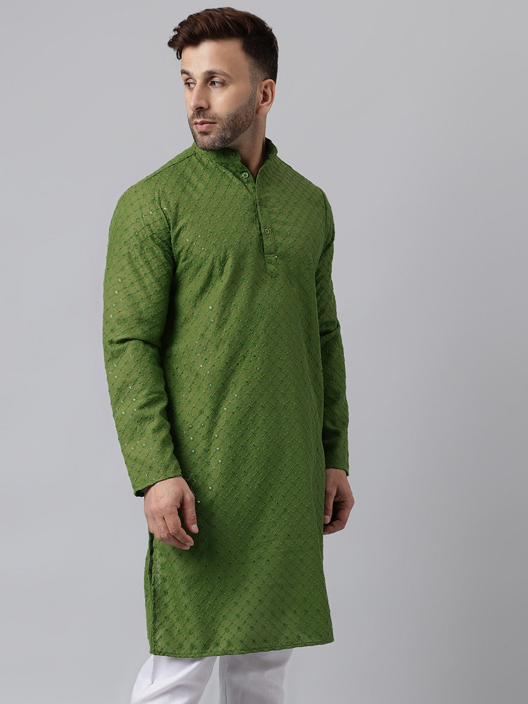 Hangup Men's Ethnic Embroidered Mehandi Green Kurta