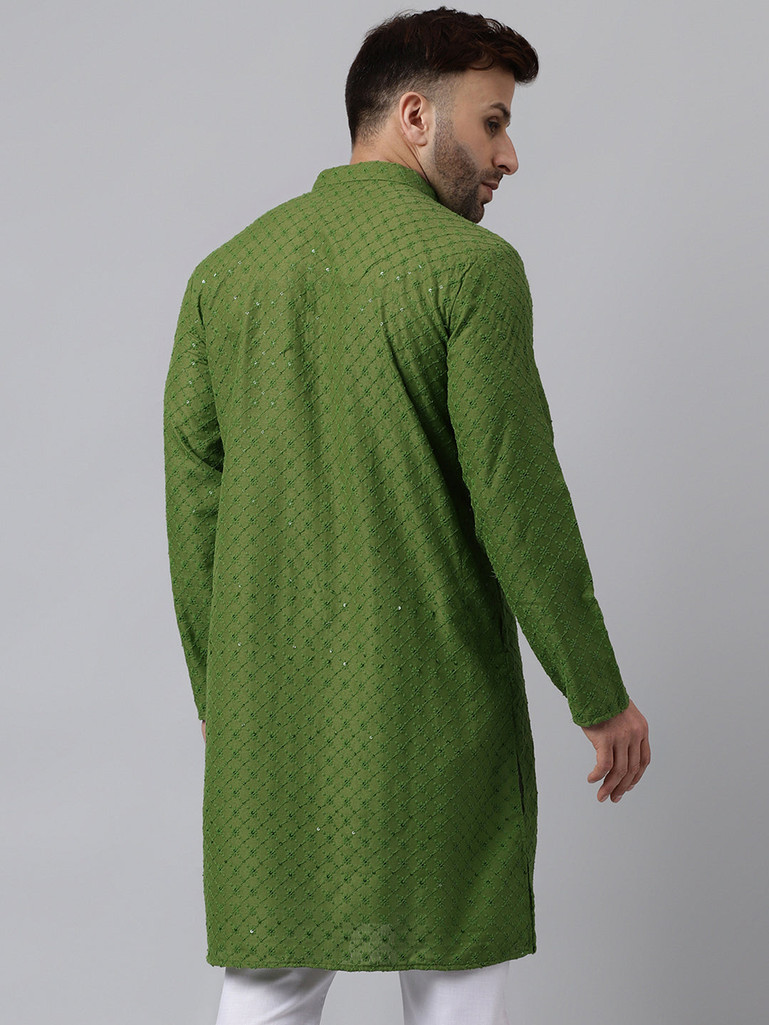 Hangup Men's Ethnic Embroidered Mehandi Green Kurta