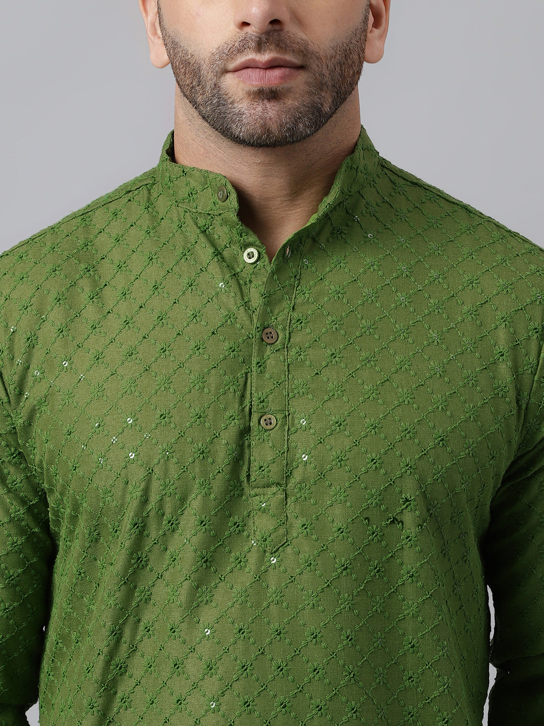 Hangup Men's Ethnic Embroidered Mehandi Green Kurta