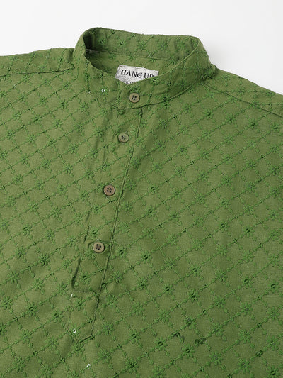 Hangup Men's Ethnic Embroidered Mehandi Green Kurta