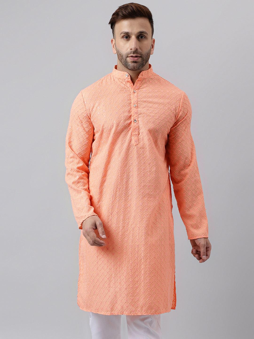 Hangup Men's Ethnic Embroidered Peach Kurta