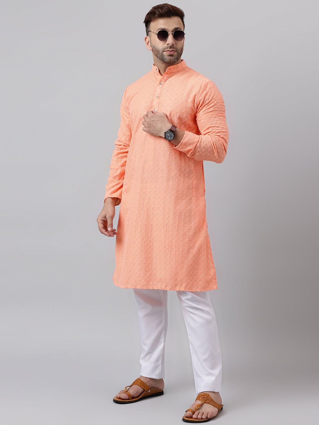 Hangup Men's Ethnic Embroidered Peach Kurta