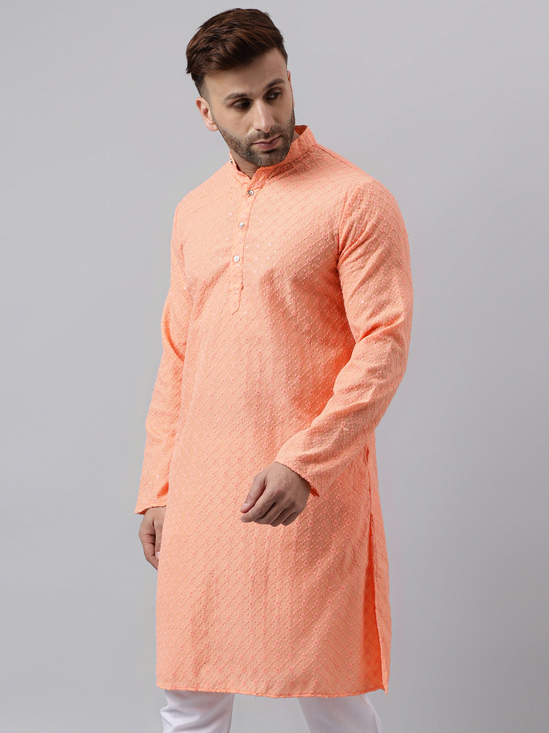 Hangup Men's Ethnic Embroidered Peach Kurta