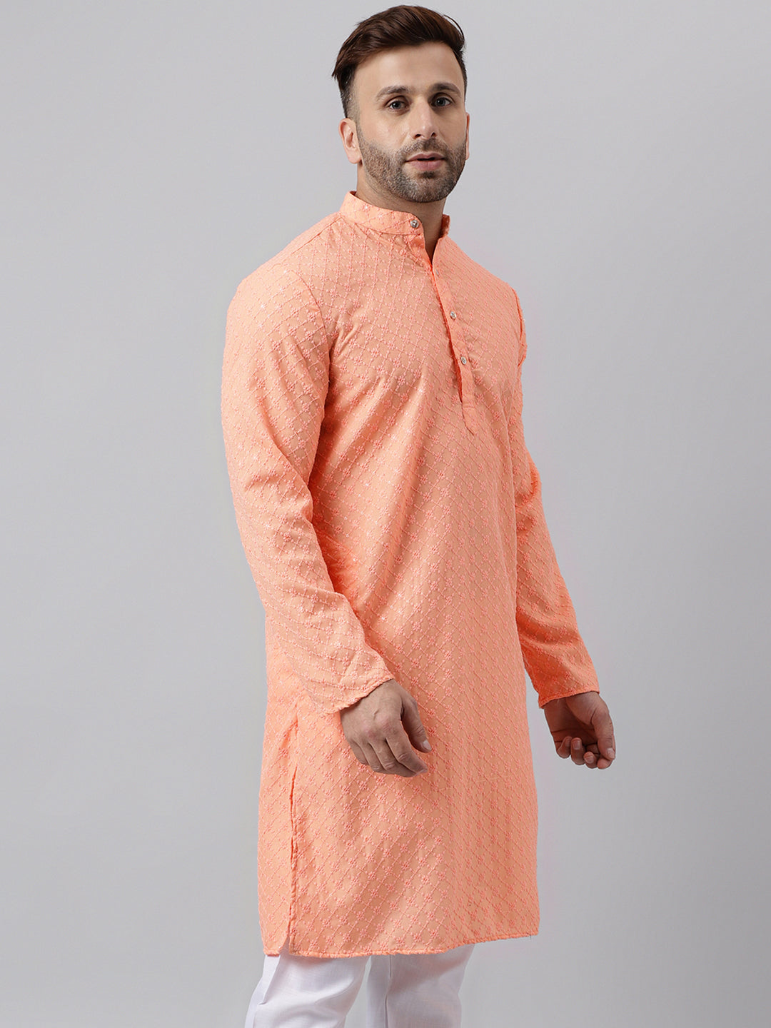 Hangup Men's Ethnic Embroidered Peach Kurta