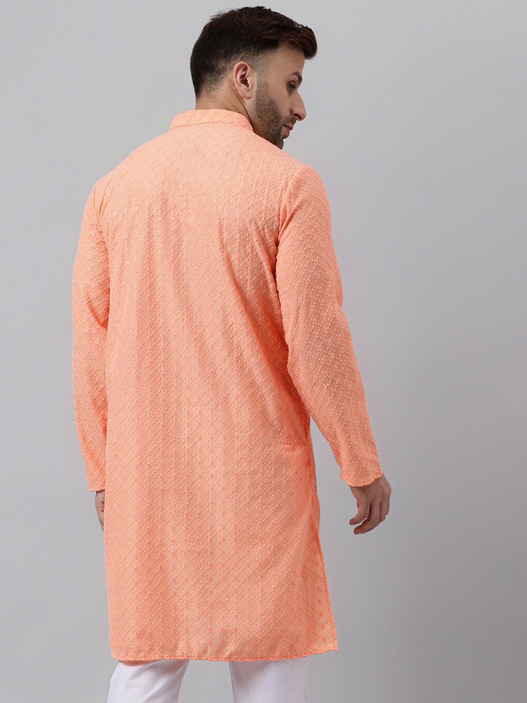 Hangup Men's Ethnic Embroidered Peach Kurta