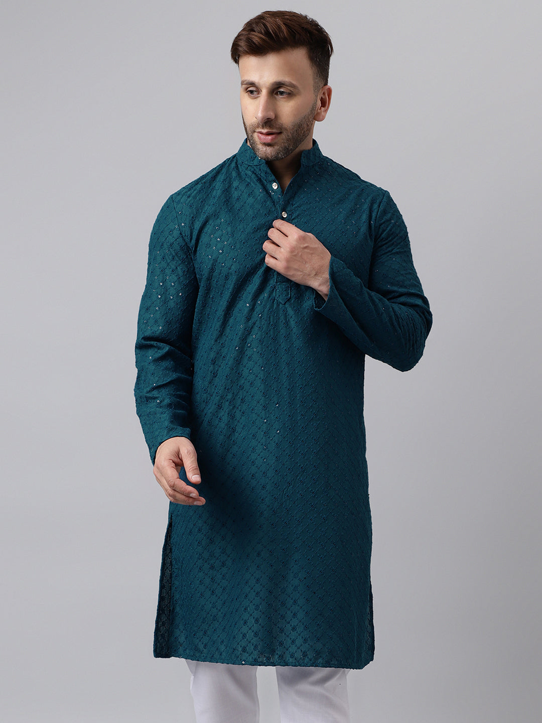 Hangup Men's Ethnic Embroidered Green Kurta