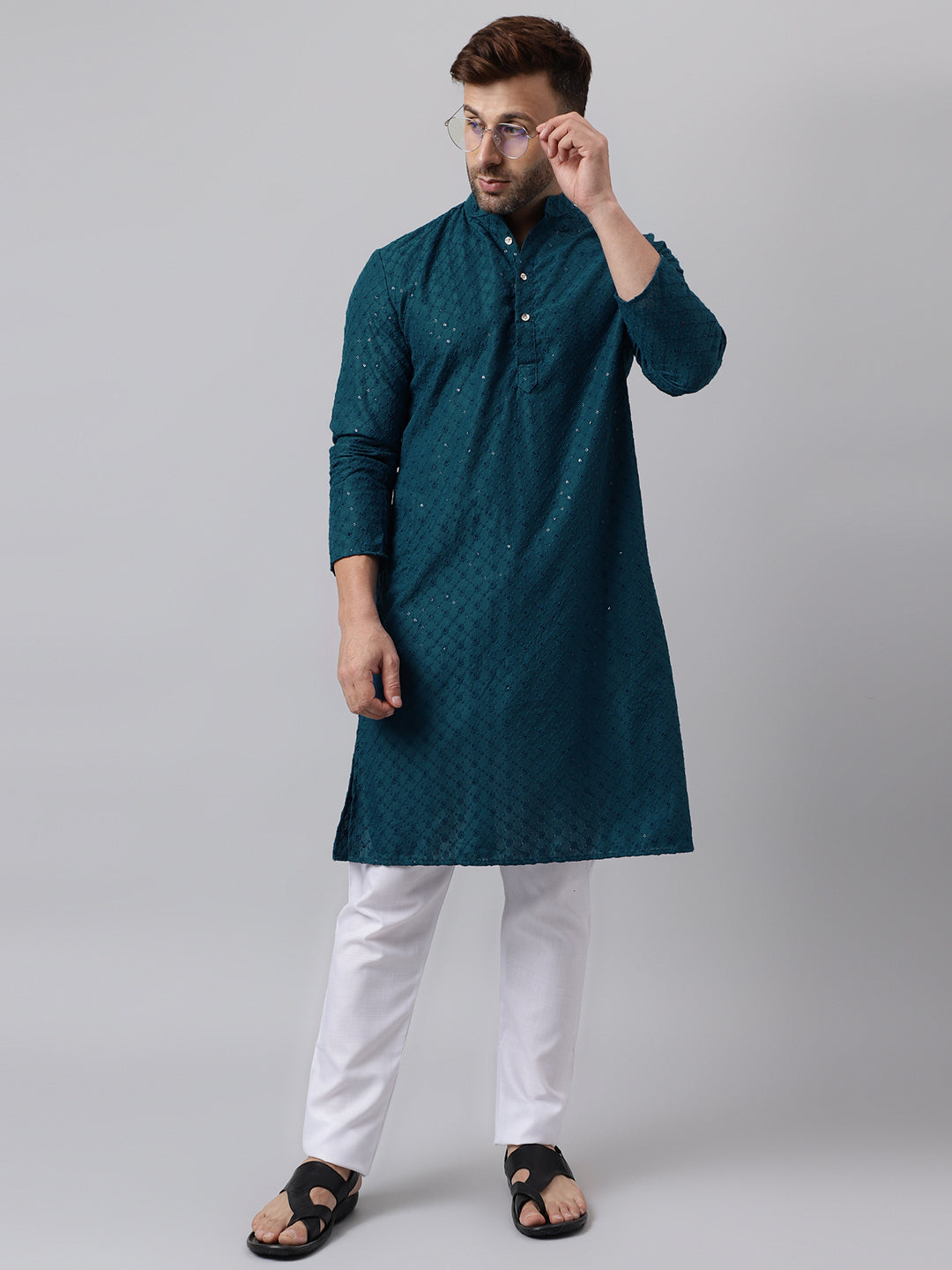 Hangup Men's Ethnic Embroidered Green Kurta