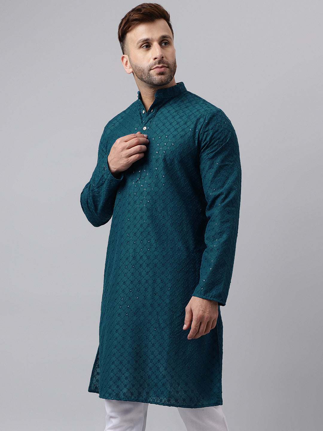 Hangup Men's Ethnic Embroidered Green Kurta