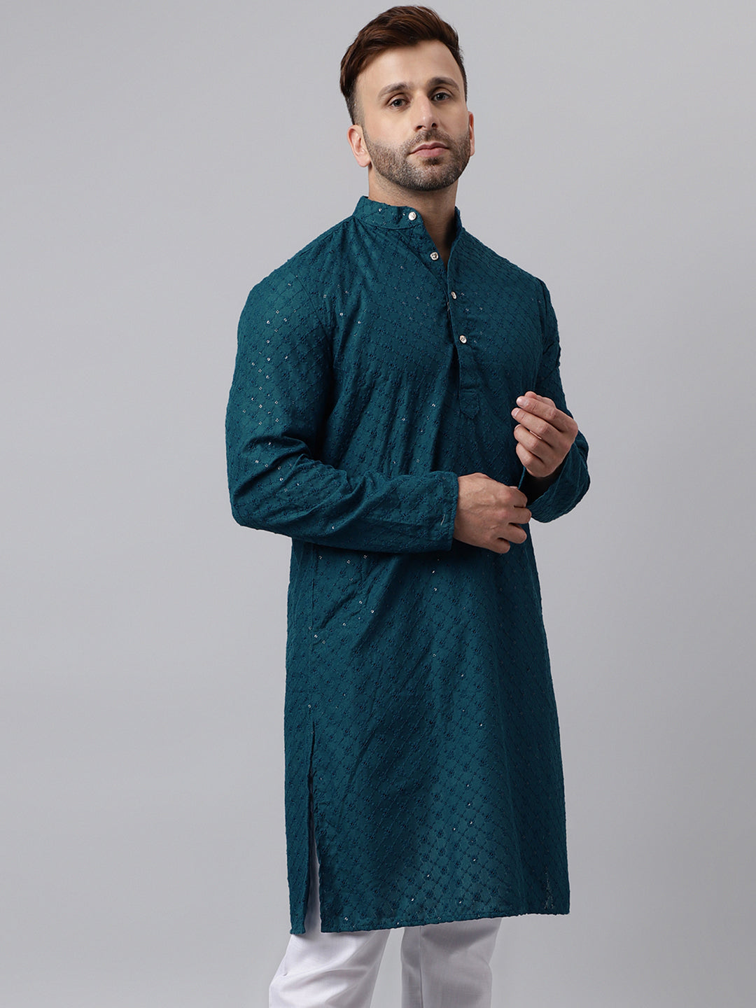 Hangup Men's Ethnic Embroidered Green Kurta