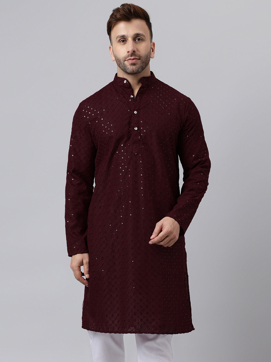 Hangup Men's Ethnic Embroidered Maroon Kurta