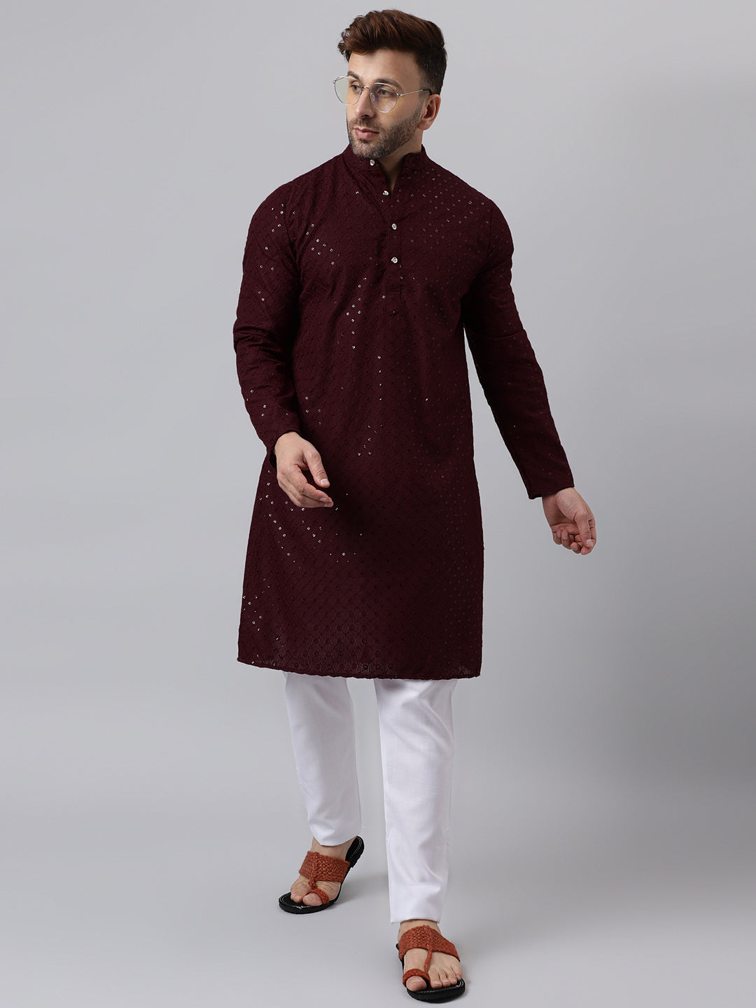 Hangup Men's Ethnic Embroidered Maroon Kurta