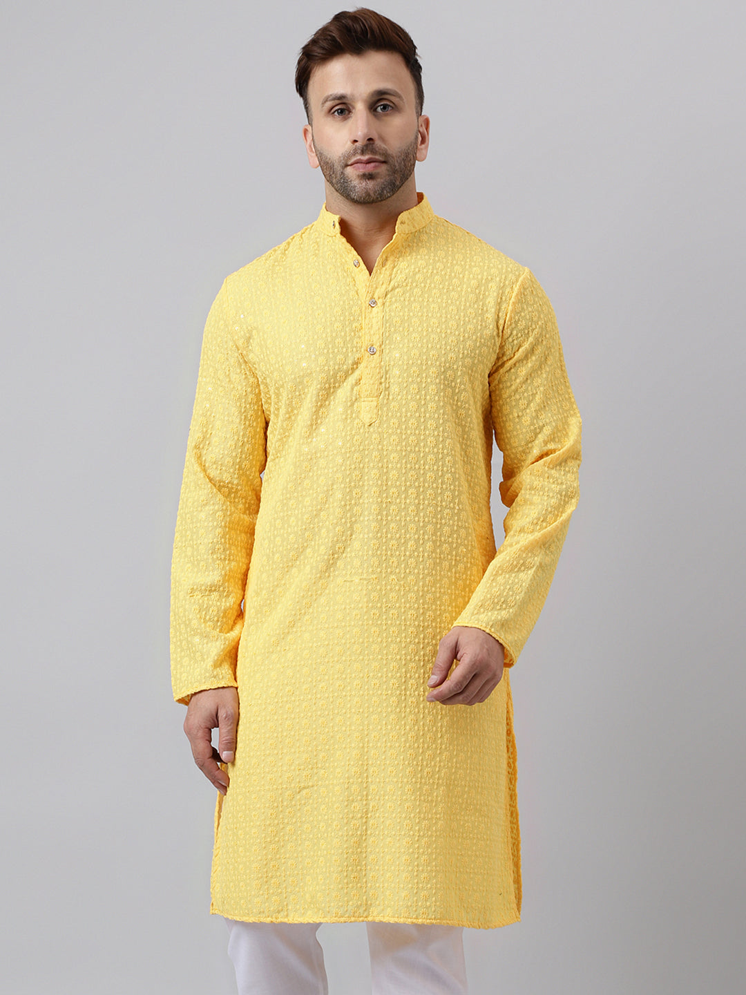 Hangup Men's Ethnic Embroidered Lemon Kurta