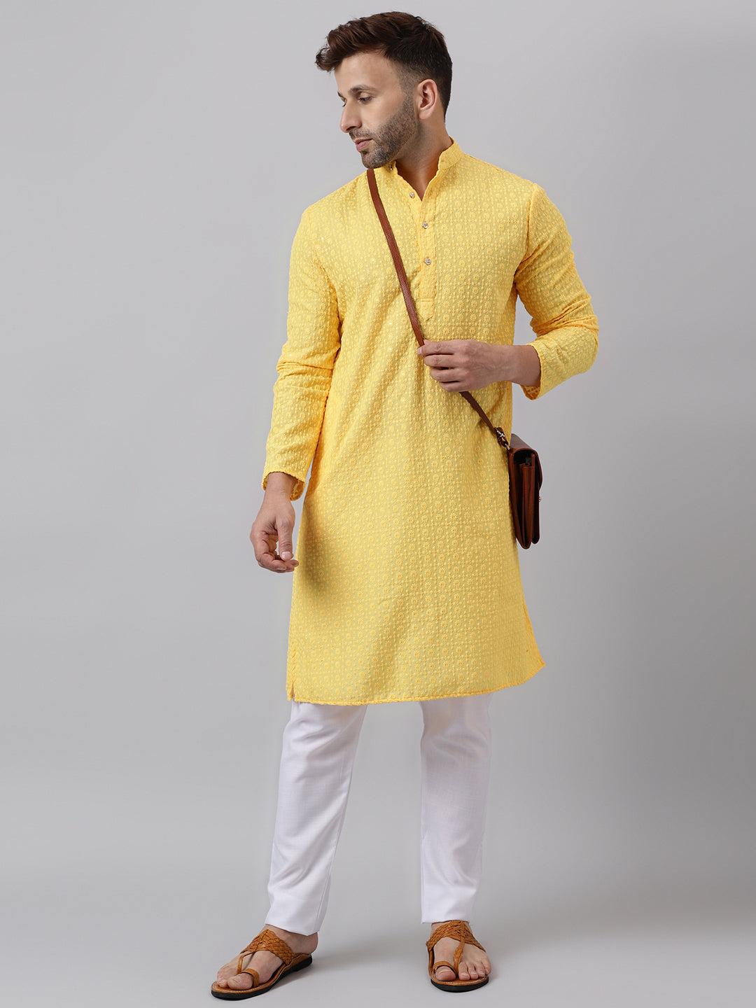 Hangup Men's Ethnic Embroidered Lemon Kurta