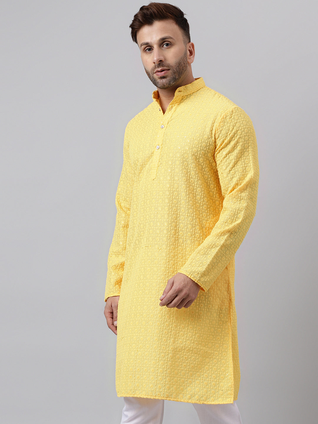 Hangup Men's Ethnic Embroidered Lemon Kurta