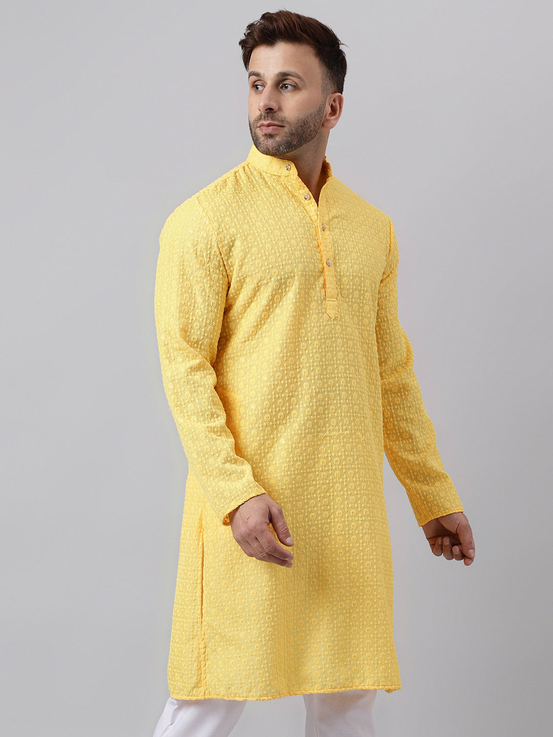 Hangup Men's Ethnic Embroidered Lemon Kurta