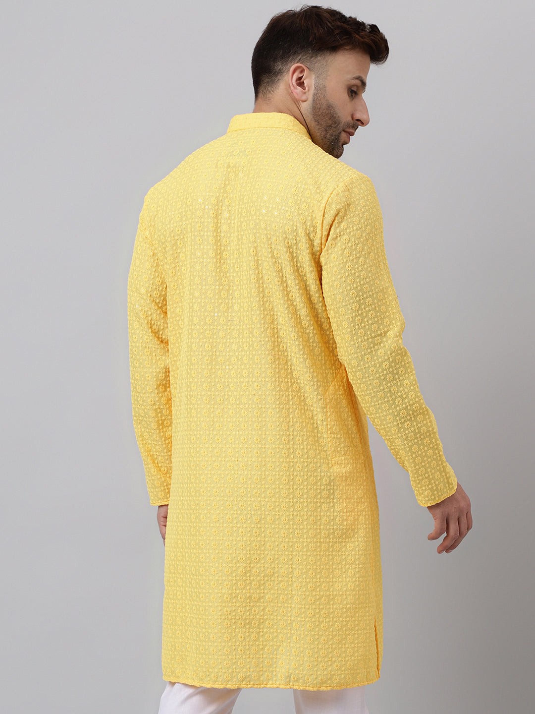 Hangup Men's Ethnic Embroidered Lemon Kurta