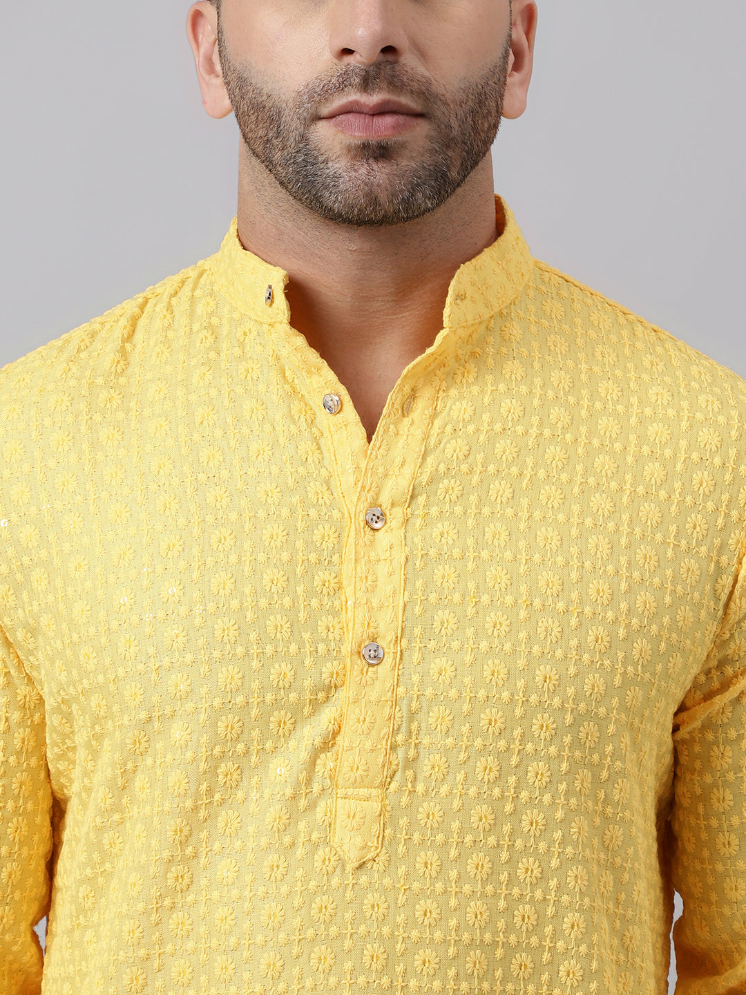 Hangup Men's Ethnic Embroidered Lemon Kurta