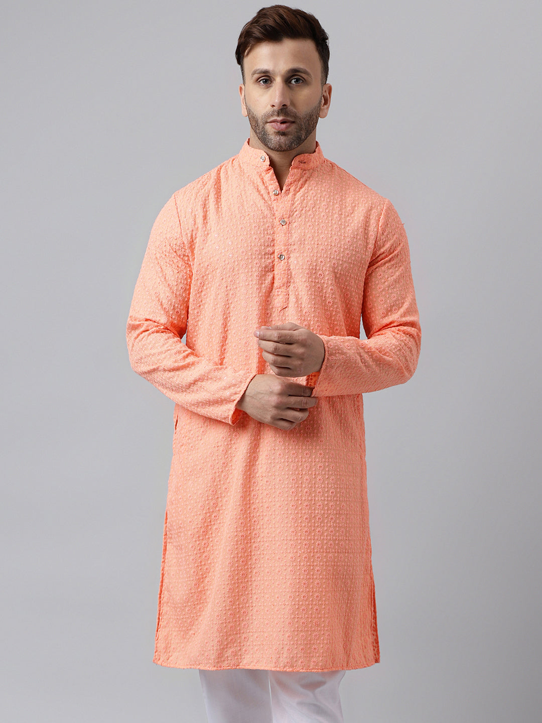 Hangup Men's Ethnic Embroidered Peach Kurta