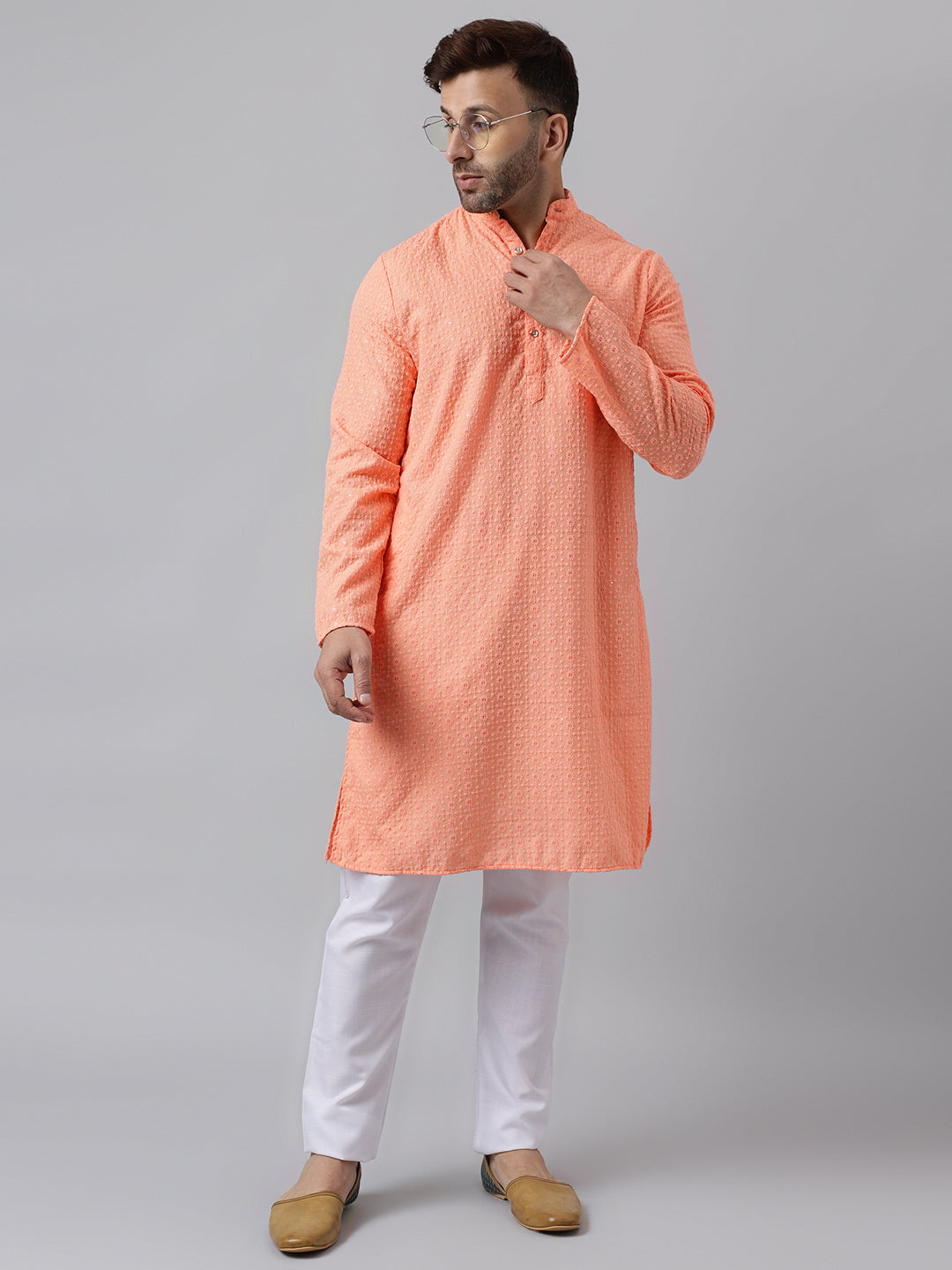 Hangup Men's Ethnic Embroidered Peach Kurta