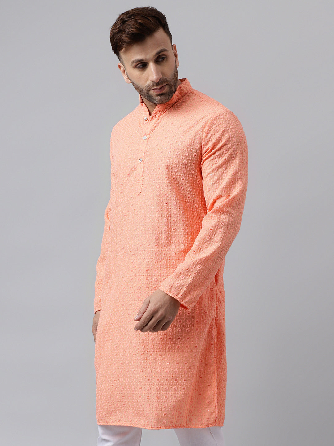 Hangup Men's Ethnic Embroidered Peach Kurta