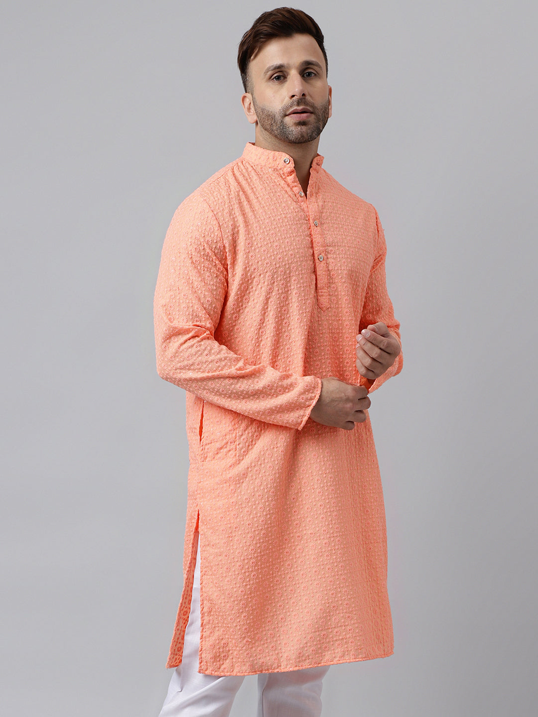 Hangup Men's Ethnic Embroidered Peach Kurta