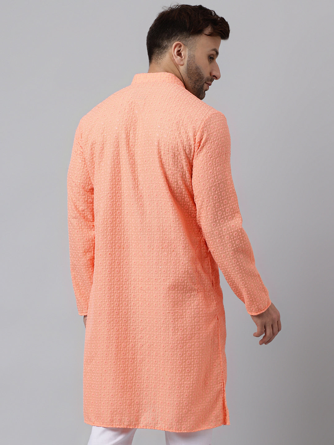 Hangup Men's Ethnic Embroidered Peach Kurta