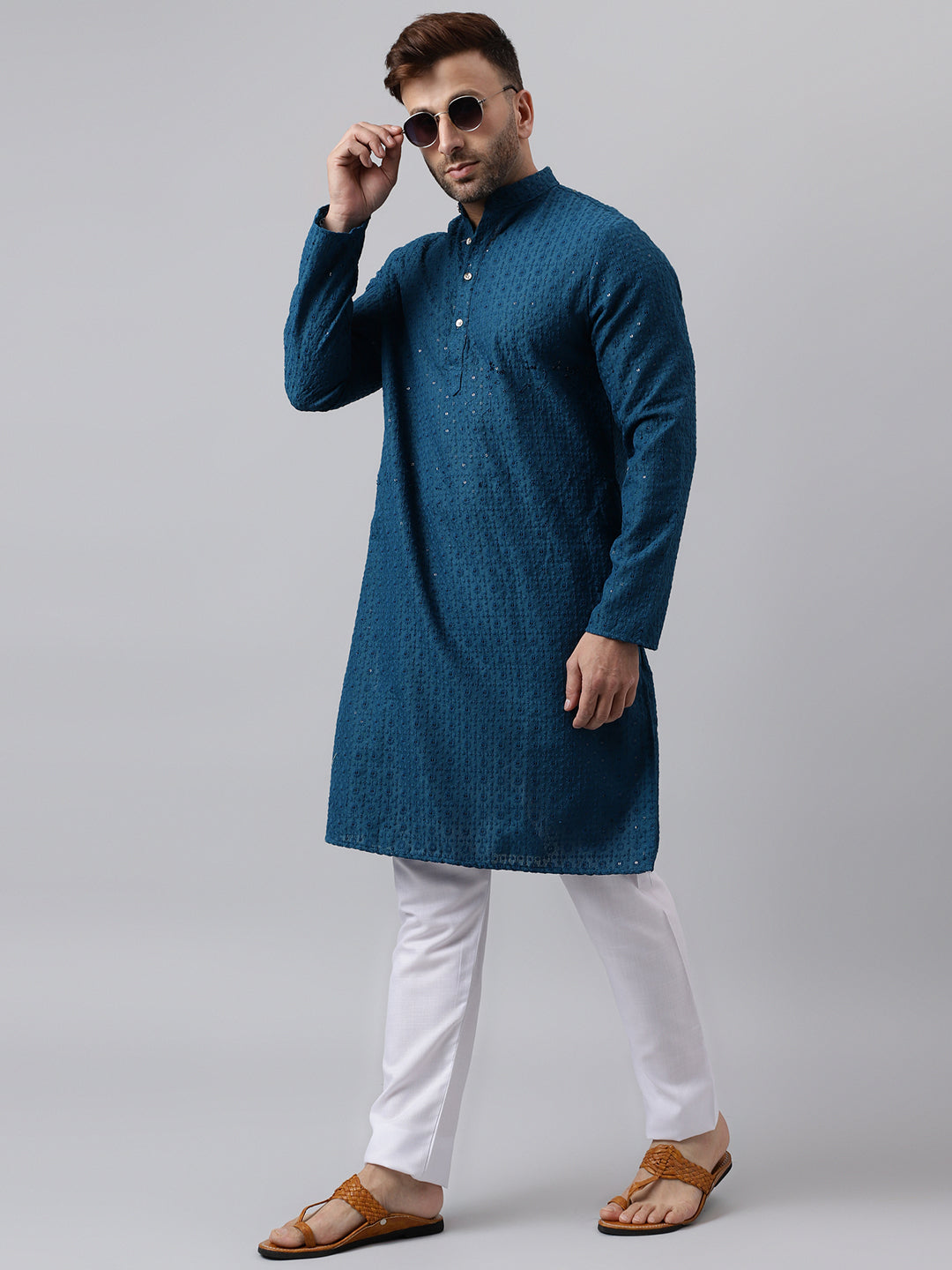 Hangup Men's Ethnic Embroidered Green Kurta