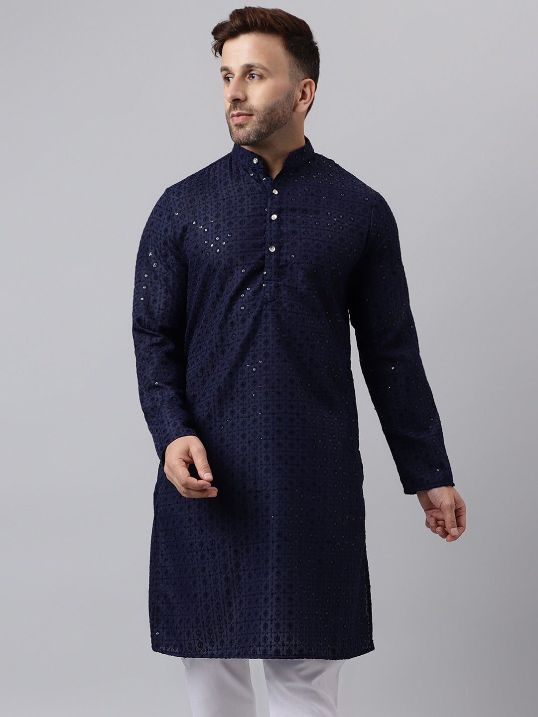 Hangup Men's Ethnic Embroidered Navy Kurta