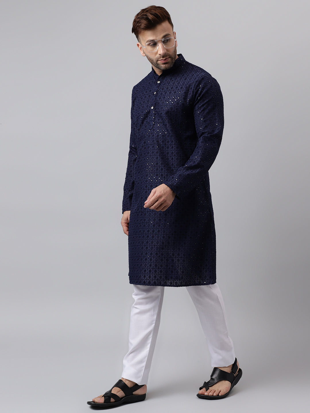 Hangup Men's Ethnic Embroidered Navy Kurta