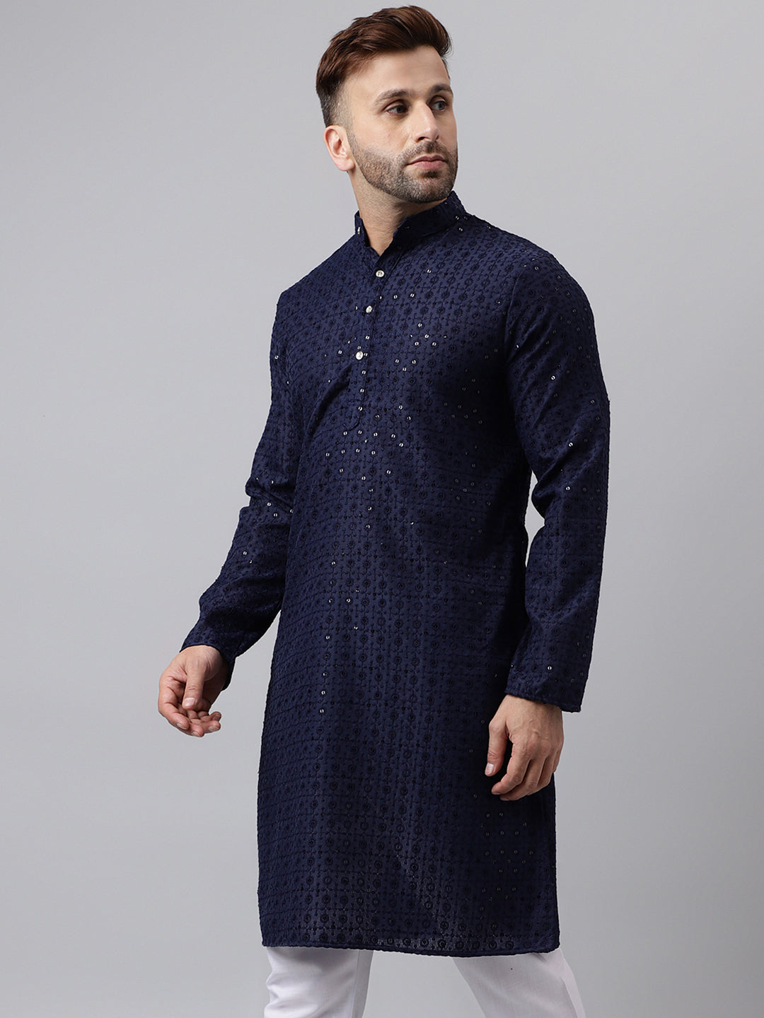 Hangup Men's Ethnic Embroidered Navy Kurta