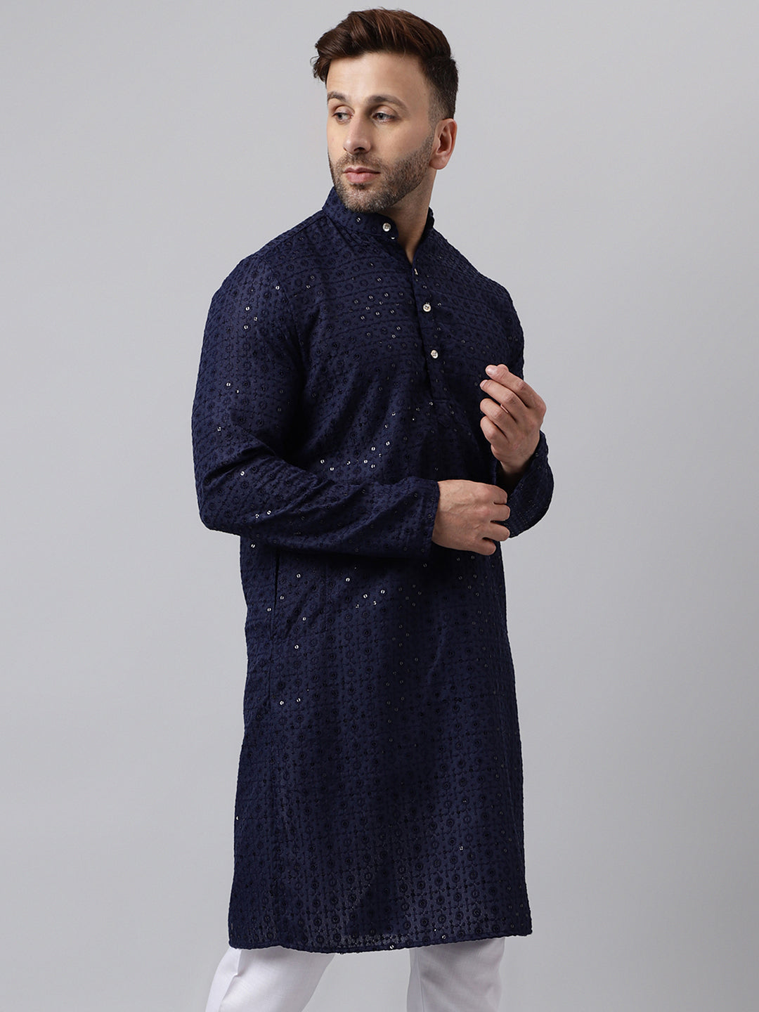 Hangup Men's Ethnic Embroidered Navy Kurta