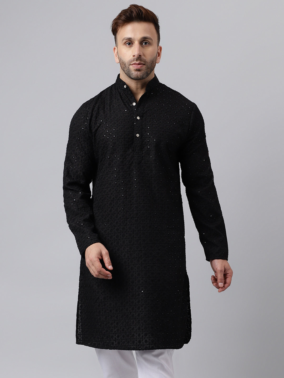 Hangup Men's Ethnic Embroidered Black Kurta