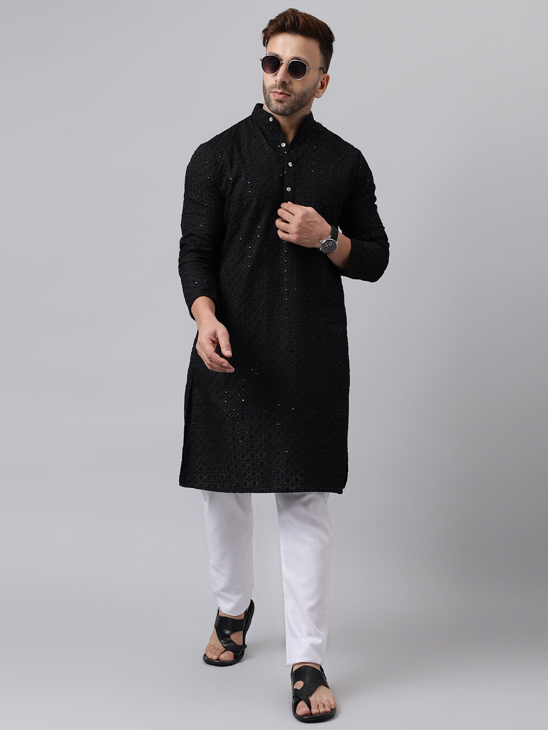 Hangup Men's Ethnic Embroidered Black Kurta