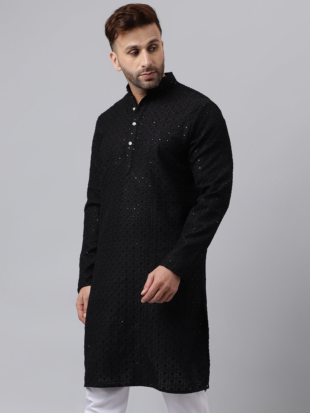 Hangup Men's Ethnic Embroidered Black Kurta