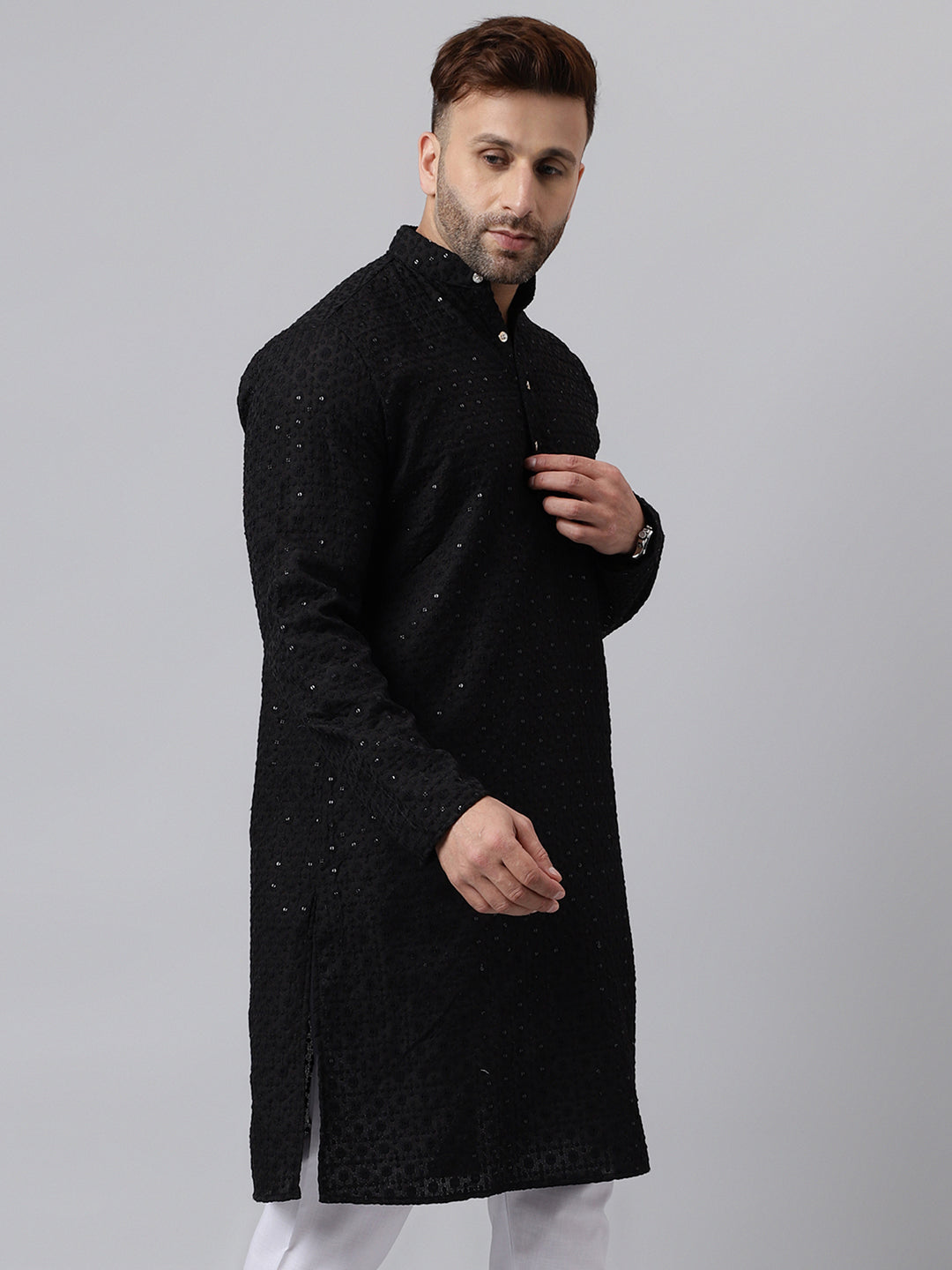 Hangup Men's Ethnic Embroidered Black Kurta